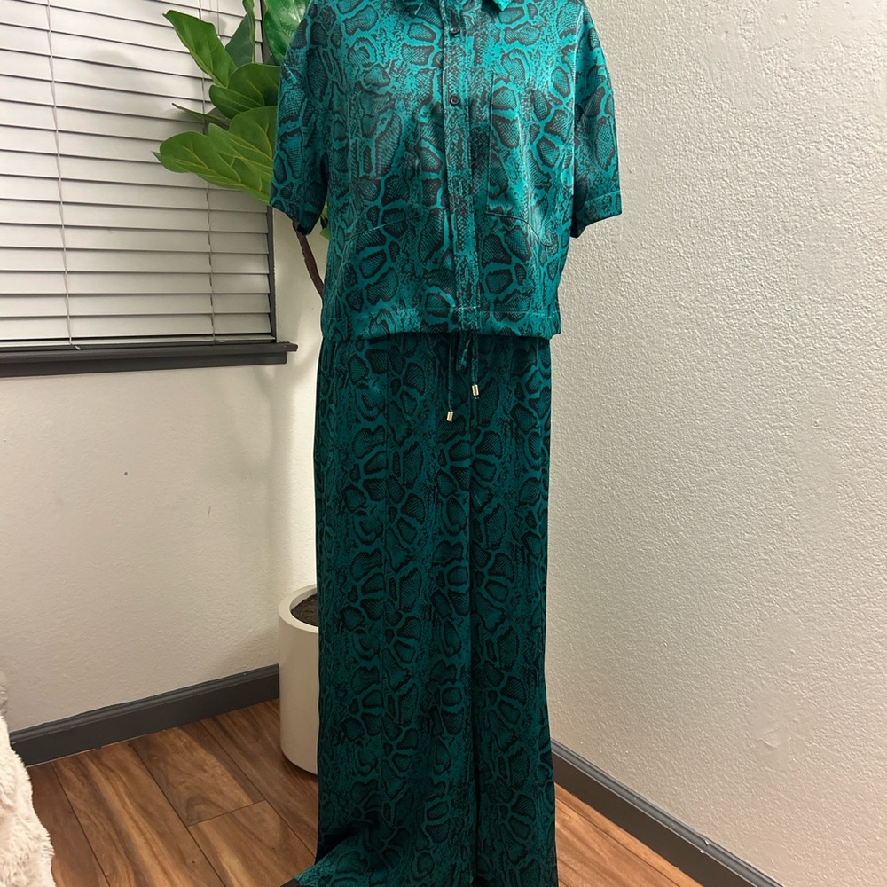 Nina Parker Green and Black Snake Print top and Wide leg Pants. - Picture 4 of 11